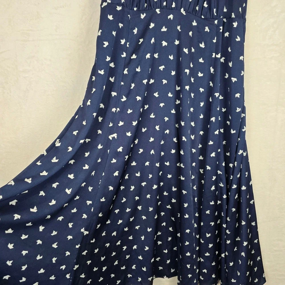 Kate Spade Paper Boats Midi Dress Navy Blue Pebbled Satin Sleeveless Size 14